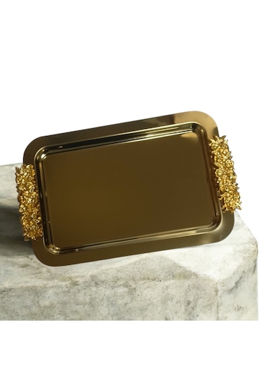 Diperla Kahve Çay Sunum Dikdörtgen Büyük Sunum Tepsisi Gold 30cm