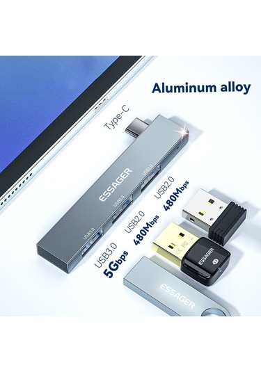 Cbtx Essager 3'ü 1 Arada Usb Hub Ayırıcı 1 Usb3.0 + 2 Usb2.0 Bağlantı Noktası Tip-c Tablet Dizüstü Bilgisayar İçin Alüminyum Alaşımlı Adaptör - Gri