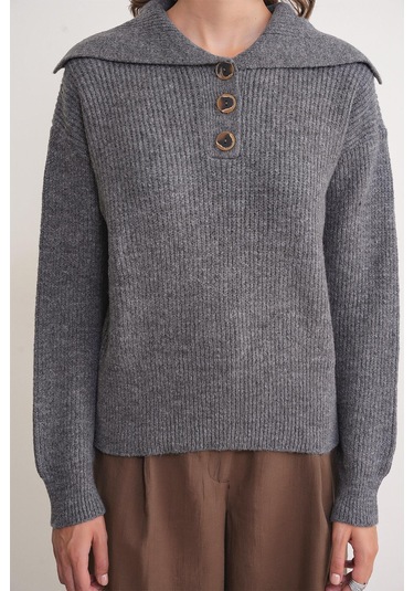 6900 Kadın Düğmeli Devrik Yaka Triko Kazak Antrasit Antrasit