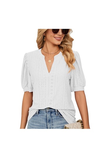 Yaz Katı Dantel Kadın Gömlek Zarif Içi Boş Puf Kısa Kollu Kazak Bluz Kadın Rahat V Yaka Gevşek Kadın Üstleri Blusas 24698 Açık Yeşil