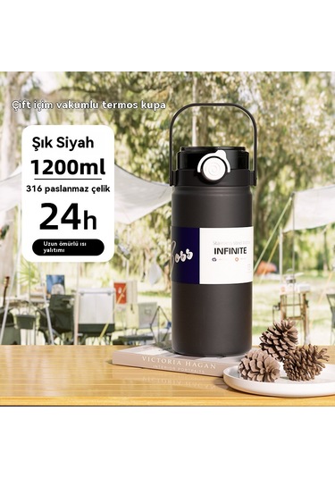Gıda Sınıfı 316 Paslanmaz Çelik Büyük Kapasiteli Termos Bardak,1100 Ml İş Siyahı