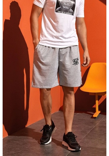 Tasarım Baskılı Pamuk Penye Short Gri