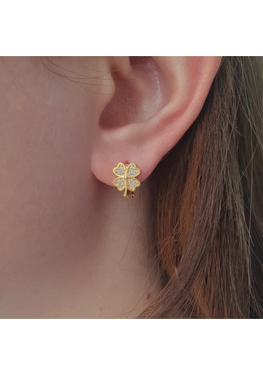 925 Ayar Gümüş Beyaz Taşlı Dört Yapraklı Yonca Gümüş Çocuk Küpesi