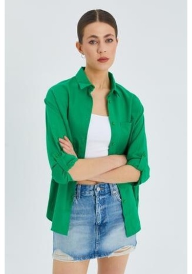 9942 Kadın Oxford Uzun Kol Basic Gömlek Yeşil Yeşil