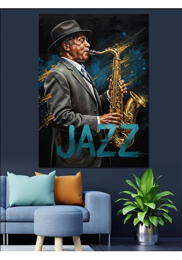 Saksafon Çalan Jazz Adam Dekoratif Kanvas - Mdf Ahşap Tablo