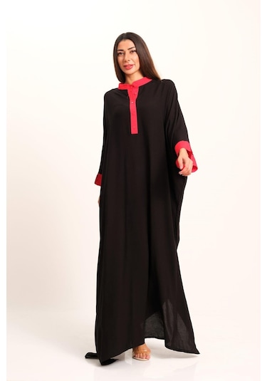 Kadın Siyah Sırtı Otantik Nakışlı Yarasa Kol Oversize Uzun Elbise - Sıyah Siyah