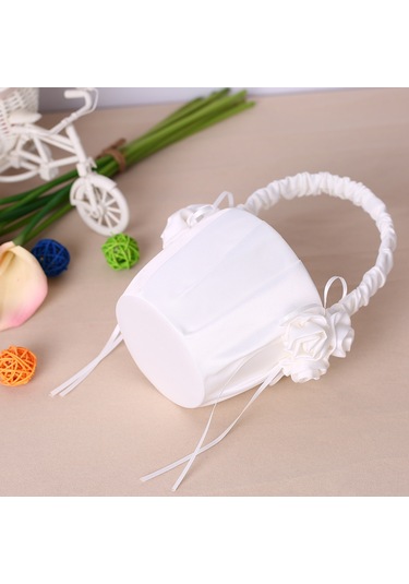 Suofeng Düğün İçin Beyaz Saten Çiçek Sepeti - Gelinik/gelin Çocuğu Taşınabilir Saçma Sepeti - 3 Saten Çiçekli Dekoratif Tasarım Ymhl-047