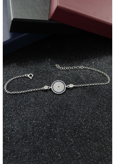 Nazar Boncuğu 925 Ayar Gümüş Kadın Ayarlanabilir Bileklik - Gümüş