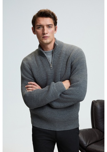 BERNARDO Erkek Yarım Fermuarlı Dik Yaka Triko Antrasit Kazak