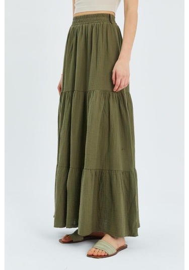4567 Kadın Fırfırlı Uzun Müslin Etek Haki Haki