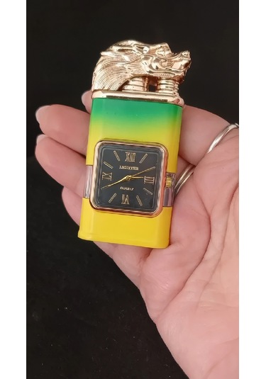 Gold Ejderha Başlıklı Neon Renkli Saatli Çakmak Çok Renkli