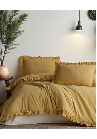 Oksit Sarı % 100 Pamuk Fırfırlı Keten Çift Kişilik Nevresim Takımı 200 X220 Sarı