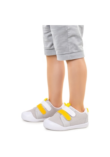 Kiko Kids Textile Cırtlı Erkek Bebek Spor Ayakkabı Gri - Sarı