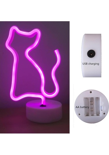 Eşe Sevgiliye Güzel Romantik Hediye Neon Işıklı Kedi Lamba Usb Ka Pembe