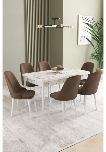 Ikon Beyaz Mermer Desen 80x132 Mdf Açılabilir Mutfak Masası Takımı 6 Adet Sandalye Kahverengi Ikon Beyaz Mermer Desen 80x132 Mdf Açılabilir Mutfak Masası Takımı 6 Adet Sandalye Kahverengi