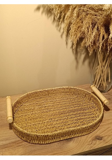 Hasır Rattan Bambu Kulplu Örme Tepsi Orta Boy Oval Diğer