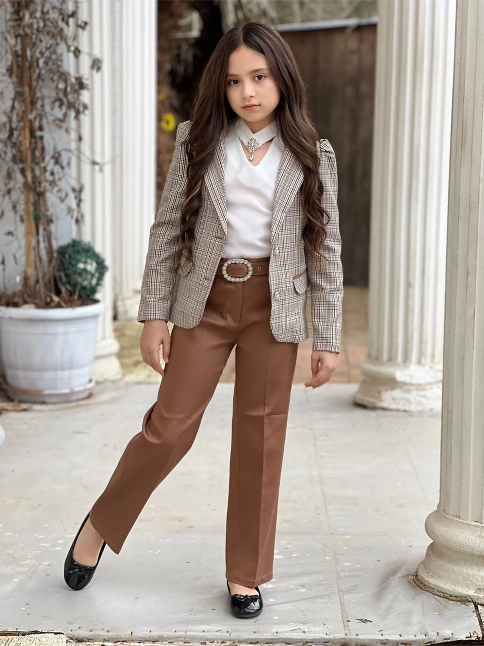 Uğurböceğiçocuk Astarlı Ekose Ceket Broşlu Gömlek Pantolon Kemer 4'lü Kız Çocuk Takım Taba
