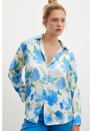 Kadın Uzun Kol Desenli Renkli Pamuk Saten Premium Kalite Spor Şık Gömlek Mavi