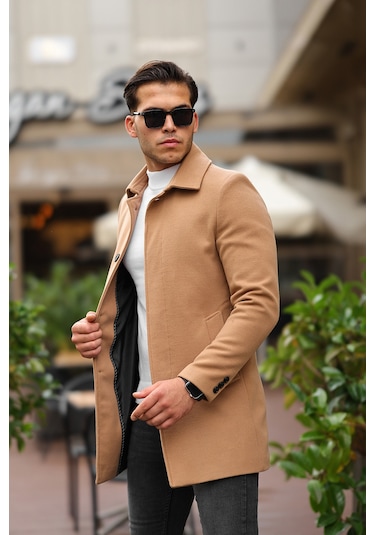Erkek Dar Kesim Yün Karışımlı Kaşe Gömlek Yaka Palto Kaban - Camel Erkek Dar Kesim Yün Karışımlı Kaşe Gömlek Yaka Palto Kaban - Camel