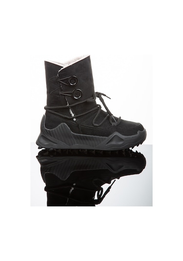 Kadın Günlük Nubuk Deri Kar Bot Bootie Postal İçi Kürklü Düğmeli Ve Bağcıklı Kaymaz Taban 501 Siyah