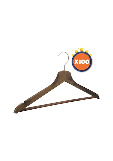 Nyn Ahşap Askı Barlı Elbise Pantolon Askısı Ceviz Renk 100 Adet Kahverengi