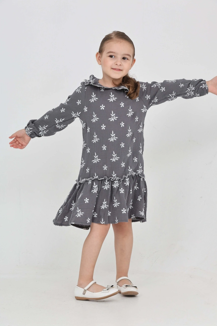 Toontoy Kız Çocuk Çiçek Nakışlı Bebe Yaka Elbise Füme