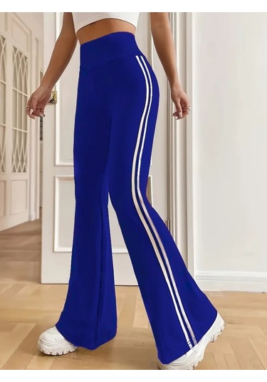 Supplierby Kadın Yüksek Bel Yanlar Şerit Detaylı Ispanyol Paçalı Dalgıç Pantolon Saks Mavi