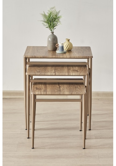 Damrin Serisi Traverten Desen 1. Sınıf Mebran Mdf 3 Lü Zigon Sehpa Takımı Ceviz Desen - Bronz Ayak