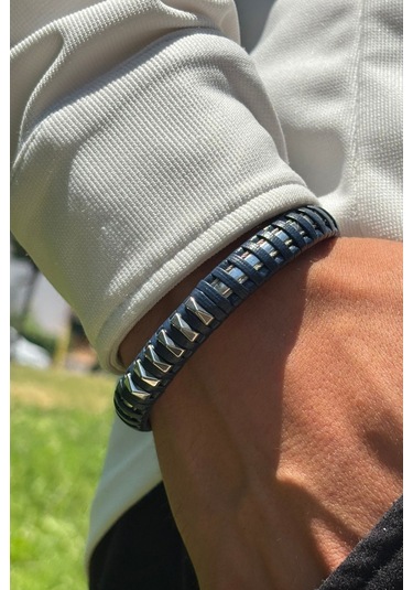 Mavi Çizgili El İşçiliği İle Üretilmiş Hakiki Deri Erkek Bileklik Gümüş - Mavi