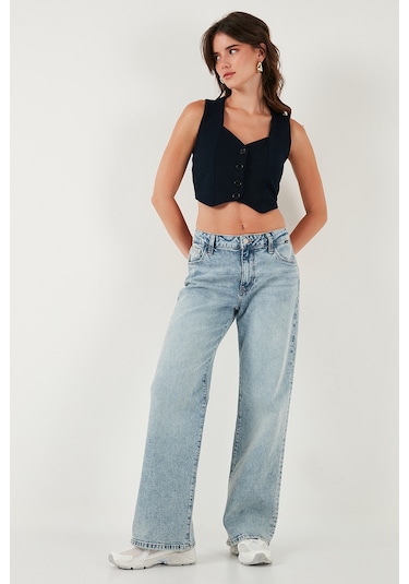 Lela Slim Fit Kalp Yaka Düğmeli Kalın Askılı Crop Bayan Yelek 5865497 Lacivert