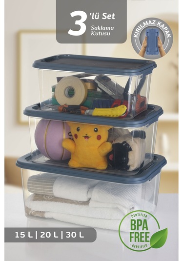 3'lü 15-20-30 L Çok Amaçlı Saklama Kabı Seti - Kilitli Kapak Banyo Mutfak Düzenleyici Saklama Kutusu Mavi