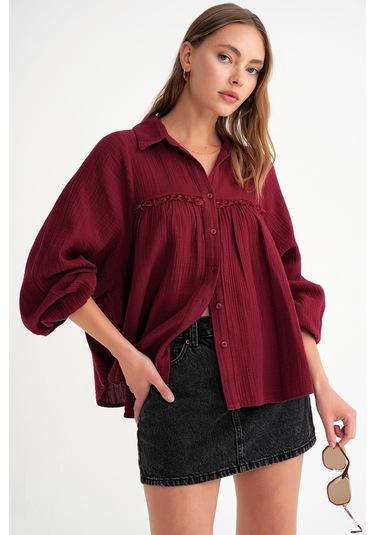 4677 Kadın Dantel Detaylı Müslin Gömlek Bordo Bordo