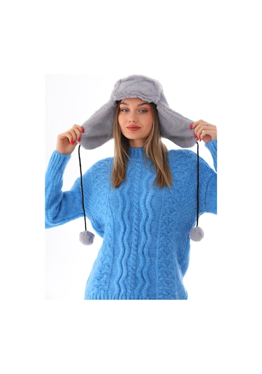 Kadın Gri Kürklü Kulaklıklı Peluş Şapka Gri