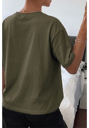 Genıus Store Kadın Tişört Gri Bisiklet Yaka Basic Tişört %100 Pamuk Rahat Kalıp T-shirt Basıc-kadın Haki