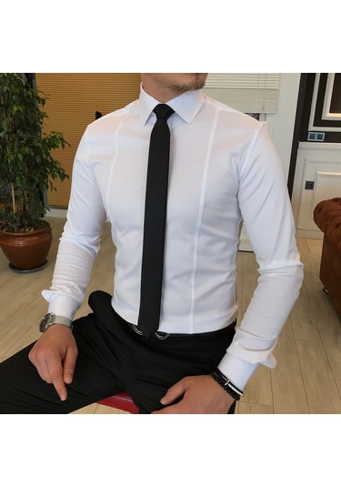 Italyan Stil Slim Fit Erkek Kravat Yaka Gömlek Beyaz T4775