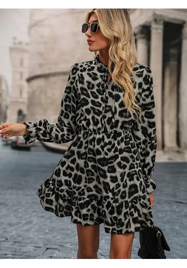 Nnstartshopping Kadın Uzun Kollu Yakadan Bağlamalı Beli Lastikli Şardonlu Dalgıç Elbise Gri