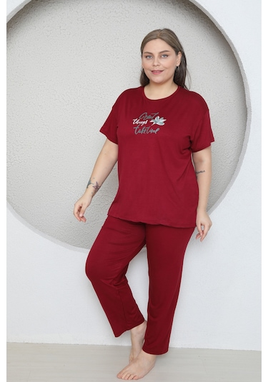 Fames Pijama Büyük Beden Likrali Ring Viskon Kisa Kol Yazlik Pijama Takim Bordo