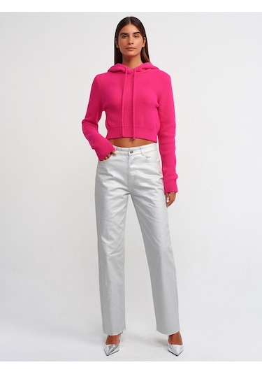 Dilvin Yumuşak Dokulu Kapşonlu Crop Kazak Fuşya