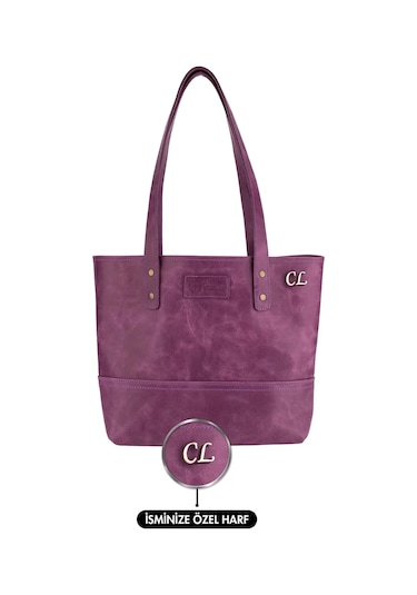 Twingold İsme Özel Tote Bag El Omuz Çantası - %100 Rainbow Deri - Ac03003 - Mor Mor
