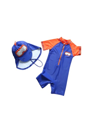 Petityu Upf50+ Güneş Korumalı Scubadiver Dalgıç Desenli Şirin Mavi Erkek Çocuk Mayo Şapka Set Saks Mavi