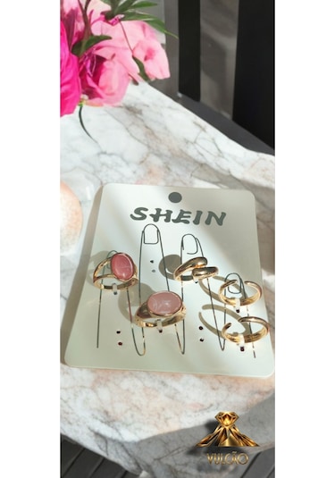 5li Pembe Taş Detaylı Vintage Yüzük Seti Altın