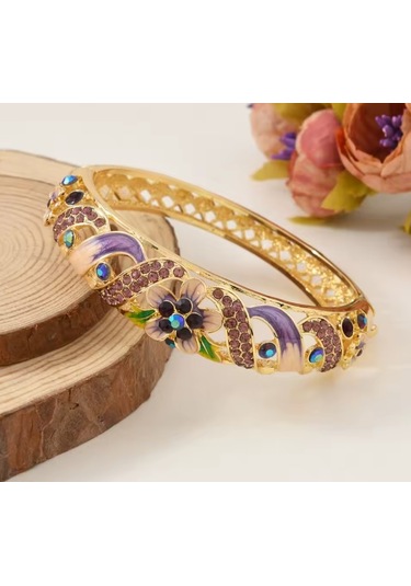 Antik Çiçek Desenli Renkli Emaye Bileklik Çok Renkli