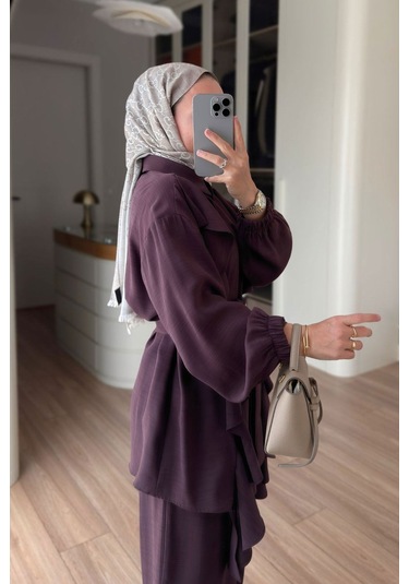 Ka Hijab Fırfır Detaylı Kuşaklı Takım - Mürdüm