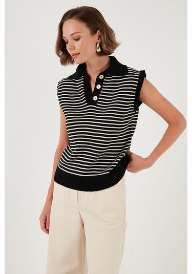 Lela Çizgili V Yaka Triko Bayan Süveter 4616171 Siyah-Krem
