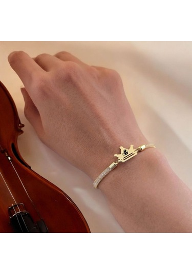 Archin Anne Sevgisi Temalı Hasır Kordonlu Taç Figürlü 14 Ayar Altın Plakalı Hediye Bileklik-464sembol Anne Sevgisi Sembolü