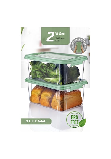 2'li 3 Lt Kilit Kapaklı Erzak Saklama Kabı - Difriz Buzdolabı Düzenleyici Un Bakliyat Saklama Kutusu Yeşil