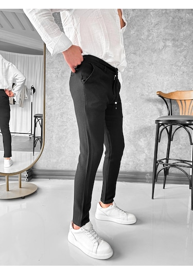Modefendi Örgü Desenli İp Detaylı Jogger Pantolon Siyah