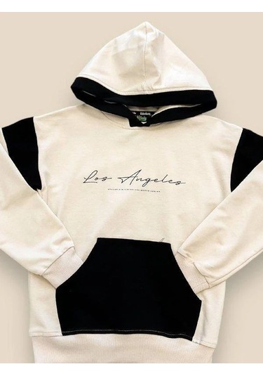 Erkek Çocuk Kapüşonlu Los Angeles Yazılı Pamuklu Sweatshirt-14694 Bej