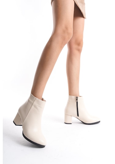 Kadın Liva Düz Topuklu Kısa Bot Bej Deri