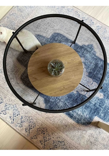 Nordic Orta Sehpa Temperli Cam 75 Cm Demonte Çizilmez Kırılmaz Metal Çerçeve Raflı Minimalist Sehpa - Atlantik Çam Atlantik Çam